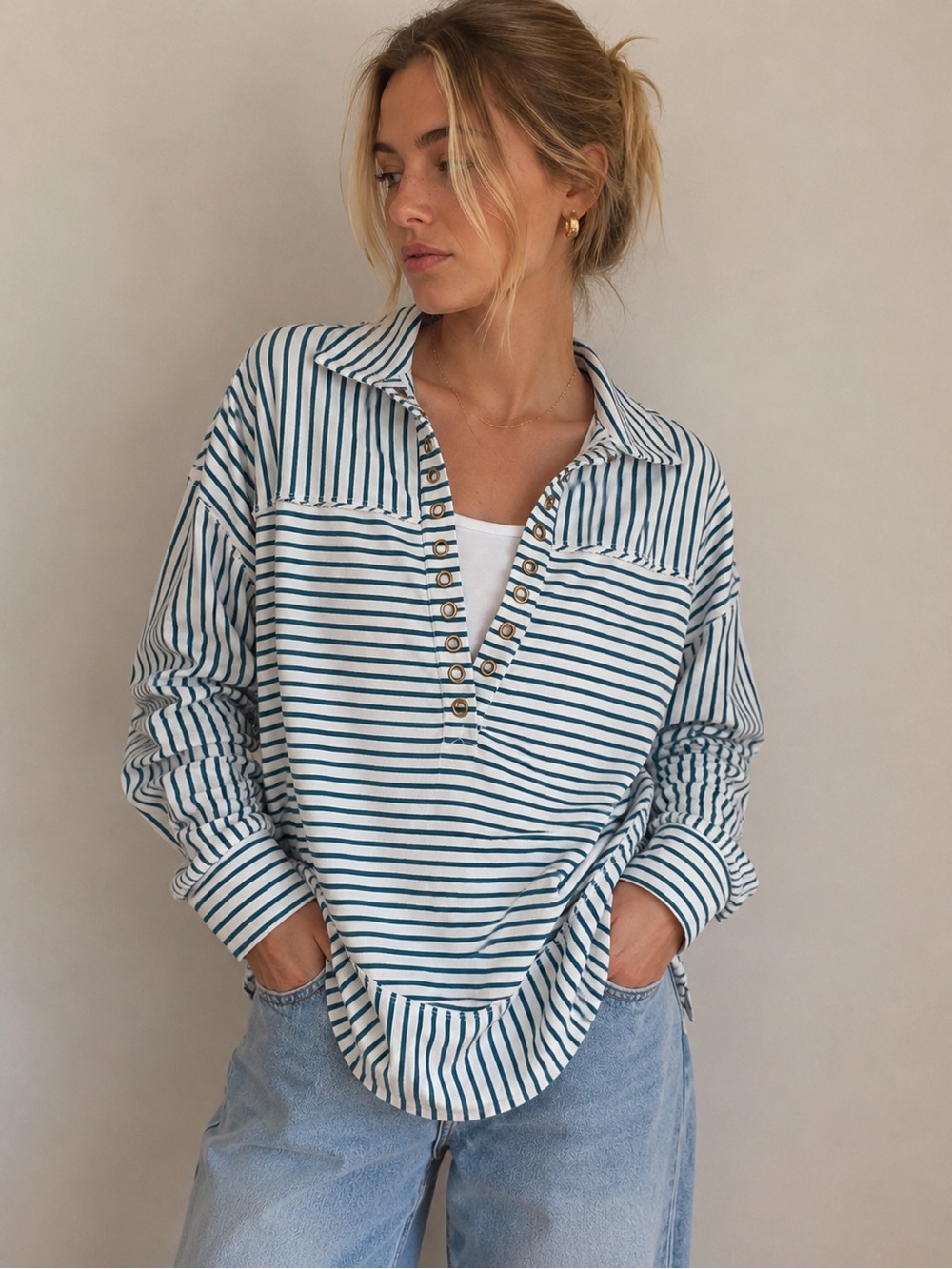 Buffalo David Bitton Striped Snap Neck Pullover Top small